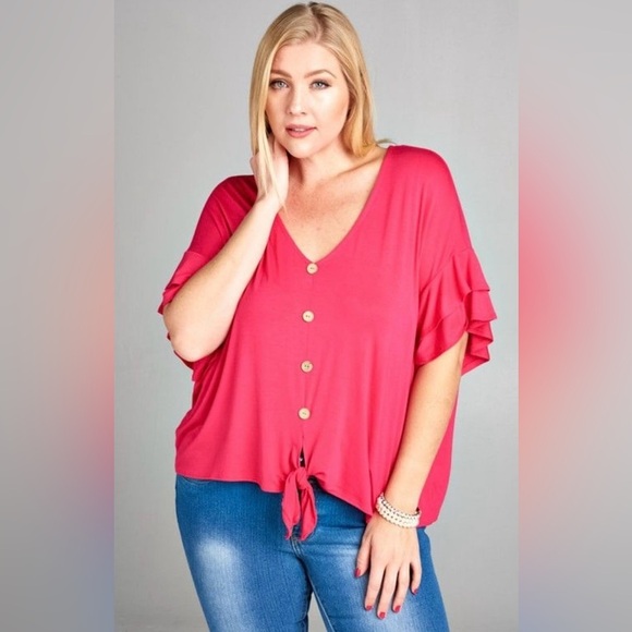 New!Plus Size JerseyV-Neck Two Tier Bell Sleeve Button Detail Tie Sizes 1X 2X 3X - Picture 1 of 4